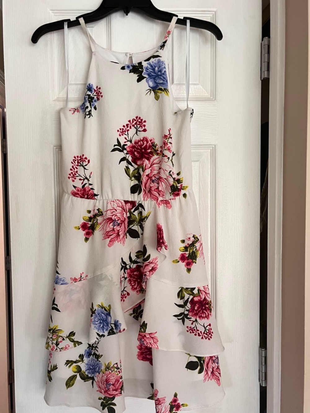 Iz Byer White Floral Dress with Pink, Blue and Green Accents. Beautiful!